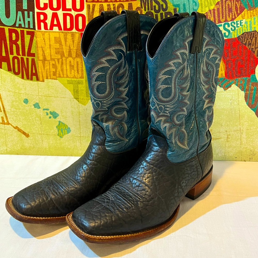 Nocona Mens Western Cowboy Boots Bullhide Leather  Black/Blue Square Toe 11D